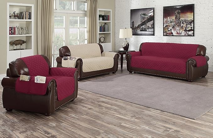 Quick Fit Reynold Durable Quality Reversible Water Resistant Cover for Dogs, Kids, Pets-Sofa Slipcover for Couch, Recliner, Loveseat or Chair, Garnet-Natural