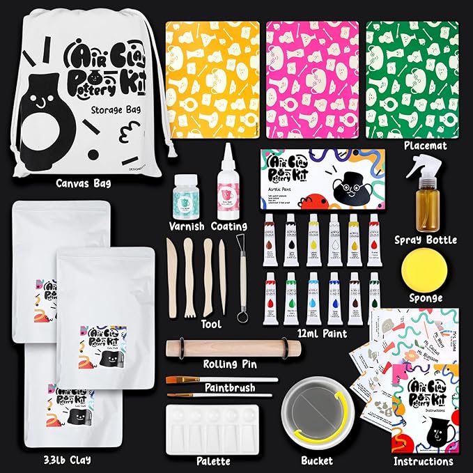 FosterToys™ Air Dry Clay Pottery Kit for Beginners | DIY Clay Kit for Adults, Sculpting Tools Set & Step-by-Step Guide, 12 Paints, Paintbrush, Varnish, Sponge, Kids Teen Party Birthday Holiday Gift
