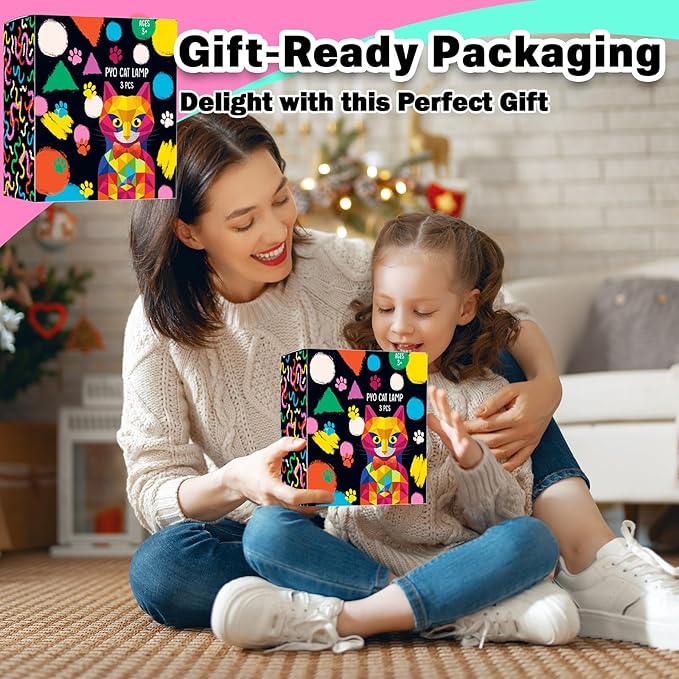 FUNZBO 3Pcs Paint Your Own Cat Lamp Kit - Art & Craft Supplies Kitten Painting Kits, Arts and Crafts for Kids Adults, DIY Night Light Toys Christmas Gift for Girls Boys Ages 3 4 5 6 7 8 9 10 11 12 13+