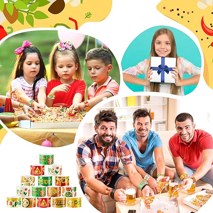 48 Pcs Pizza Slap Bracelets Bulk Party Favors Plastic Colorful Cute Snap Bracelets for Kids Goodie Bag Stuffers Party Supplies Classroom Rewards Prizes Birthday Exchanging Gift, 12 Styles