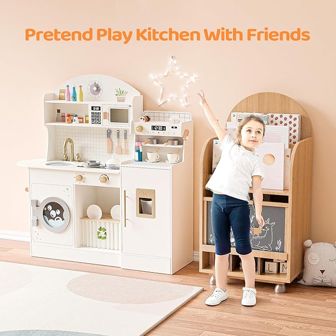JOYMOR Kids Play Kitchen Sets w/Coffee Machine & Plenty of Play Kitchen Accessories, Wooden Kitchen Set Gift, Ideal for Creative Pretend Play for Toddlers, Girls & Boys (Cream&Gold)