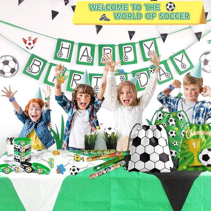 58Pcs Soccer Party Favors: Soccer Goodie Bags for boys Includes 12Pcs 13 x 11 Inch Soccer Drawstring Bags Slap Silicone Bracelet Keychain Tattoo Stickers for Soccer Party Decorations Supplies