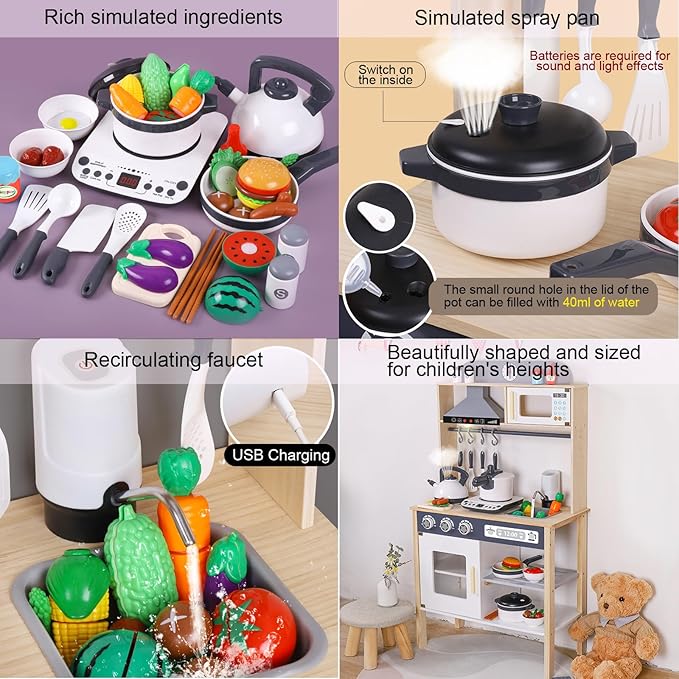 BESTATMTOY Kitchen for Kids, Wooden Kids Play Kitchen Playset Chef Pretend Play Set for Toddlers with Real Lights & Sounds, Toys Kitchen with Toy Food & Cookware Accessories