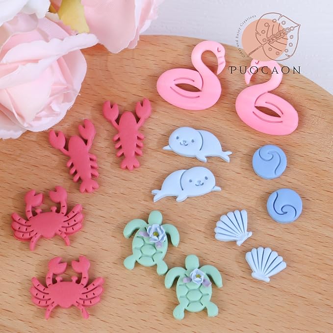 Puocaon Ocean Animal Clay Cutters - 22 Pcs Clay Cutters for Polymer Clay Jewelry, Dolphin Starfish Polymer Clay Earring Cutters, Turtle Seashell Clay Cutters for Earrings, Lobster Clay Cutters