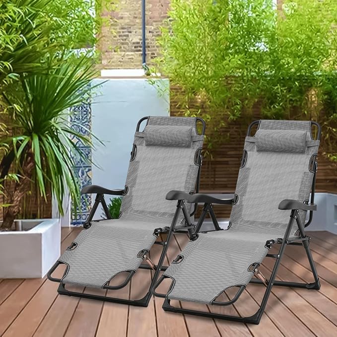 Athena Collection Zero Gravity Outdoor Lounge Chair Recliner Set of 2, 27" Width Reclining Pool Lounge Lawn Chairs with Headrest, Outdoor Chaise for Beach Patio Backyard Outside, Grey