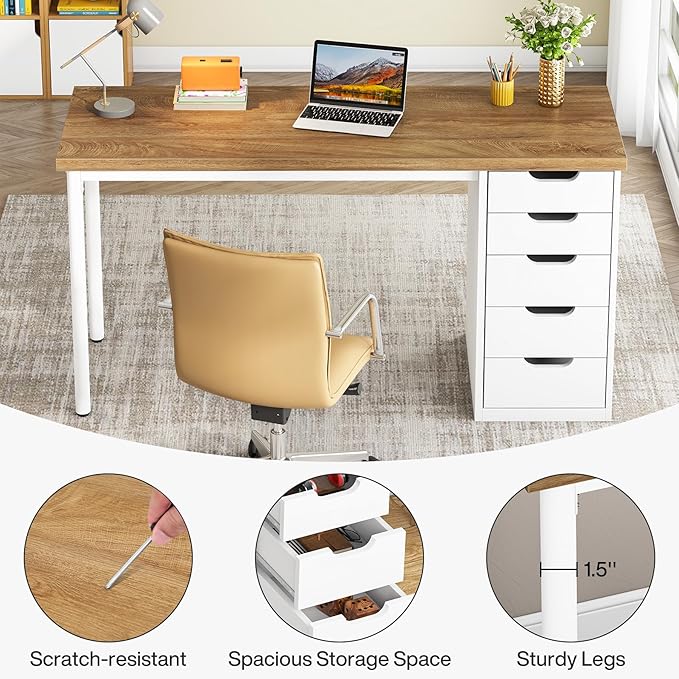 Tribesigns Computer Desk with 5 Drawers, 47 inches Rustic Brown Home Office Desk with Storage, Modern Simple Laptop Desk Study Writing Table for Small Spaces (1, Walnut+White)