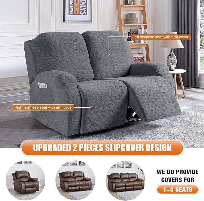 VANSOFY Recliner Cover, 2-Pieces Stretch Reclining Couch Cover with Pockets Loveseat Sofa Slipcovers Soft Washable Furniture Protector for Dogs Cats(Dark Gray)