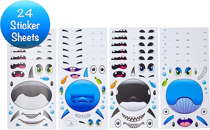 24 Make A Big Sea Life Sticker Sheets - Orca Killer Whale, Humpback, Dolphin & Great White Shark Stickers - Great Addition to Mermaid Birthday Party Favors - Fun Activity That Encourages Creativity
