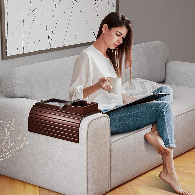 Bamboo Couch Armrest Table, Sofa Arm Tray with Detachable Couch Cup Holder- 2 in 1 Anti-Slip Foldable Sofa Armchair Caddy Table for Drinks Cellphone TV Remote Snacks (Walnut)