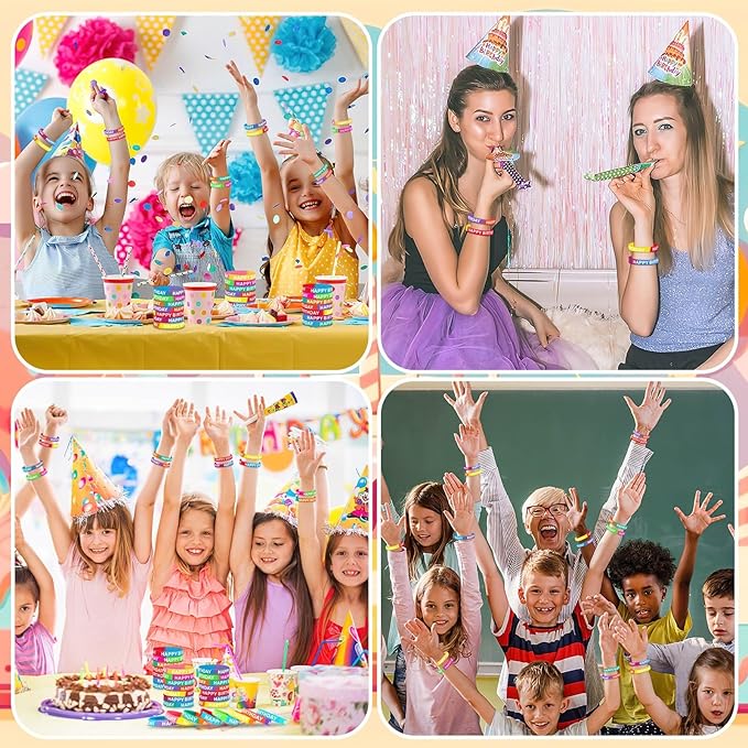 JUNEBRUSHS Birthday Rubber Bracelets, 24pcs Happy Birthday Silicone Bracelets Wristbands for Classroom Teachers Birthday Party Favors Reward Gifts Accessories(12 Designs)