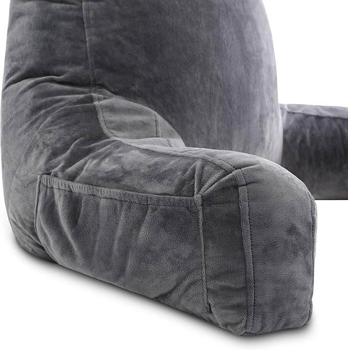 Husband Pillow XXL - Reading Pillow Bed Chair with Arms & Back Support - Dark Grey - Back Pillow for Sitting Up - Bed Rest Arm Pillow - Comfy Reading Pillow for Adults