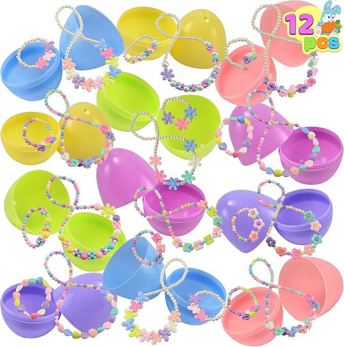 JOYIN 12 Pack Prefilled Easter Eggs with Jewelry Toys, Different Designs of Necklaces and Bracelets Girls Jewelry Set for Kids Easter Party Favor, Basket Stuffer, Classroom Exchange and Prize Supplies
