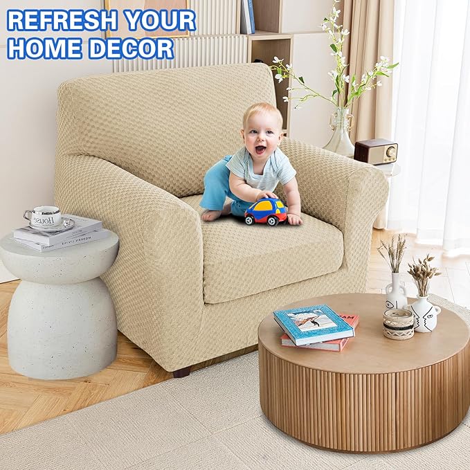MAXIJIN 2 Piece Jacquard Chair Covers with Arms Super Stretch Non Slip Chair Slipcover for Living Room Dogs Pet Friendly Elastic Sofa Couch Protector Armchair Cover (Chair, Light Beige)