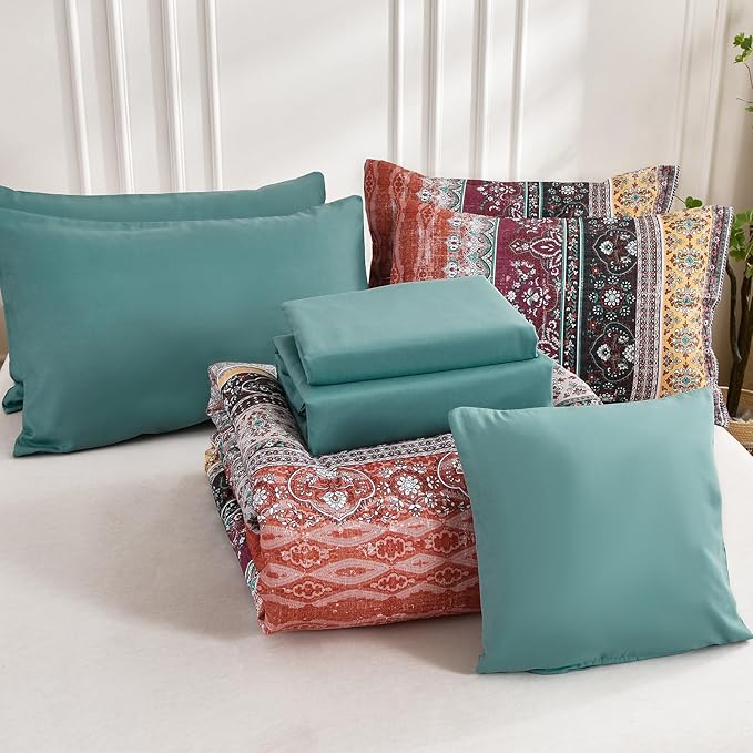 Cottolester Boho King Size Comforter Set 8 Pieces, Orange and Green Bohemian Striped Bed in a Bag, Paisley Soft Microfiber Bedding Comforter Set