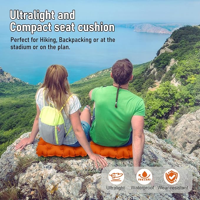 BreezCamp Inflatable Seat Cushion, Lightweight Stadium Seat Pad, Camping Accessories Chair Pad for Airplane Travel, Hiking, Climbing, Home and Office,Orange