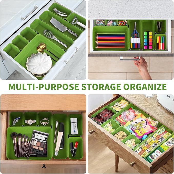 8pcs Drawer Organizers, Separators, Storage Box,Felt Storage Bins Inserts Tool Containers Toy Basket Shelf Cubes Foldable Drawer Dividers Desk Organisers - Green&Grey