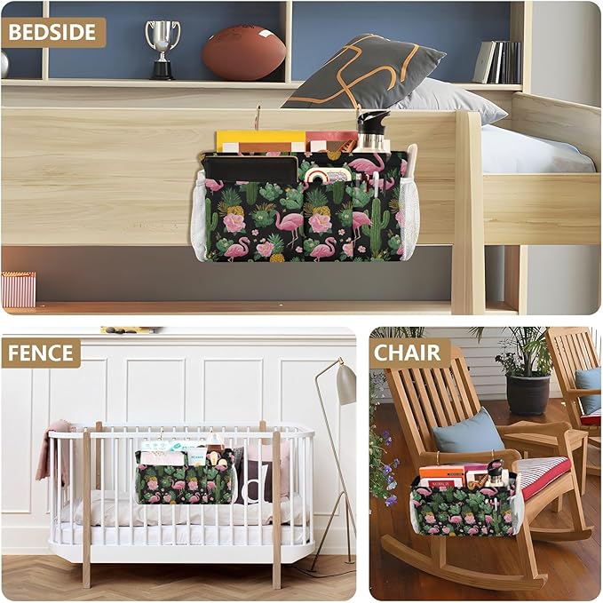 Black Flamingo and Cactus Pineapple Flower Tropical02 Bedside Caddy for Dorm Bed Bedside Hanging Caddy Bag Iron Frame Storage Organizer Pocket for Bunk Home College Hospital Beds 2 Hooks