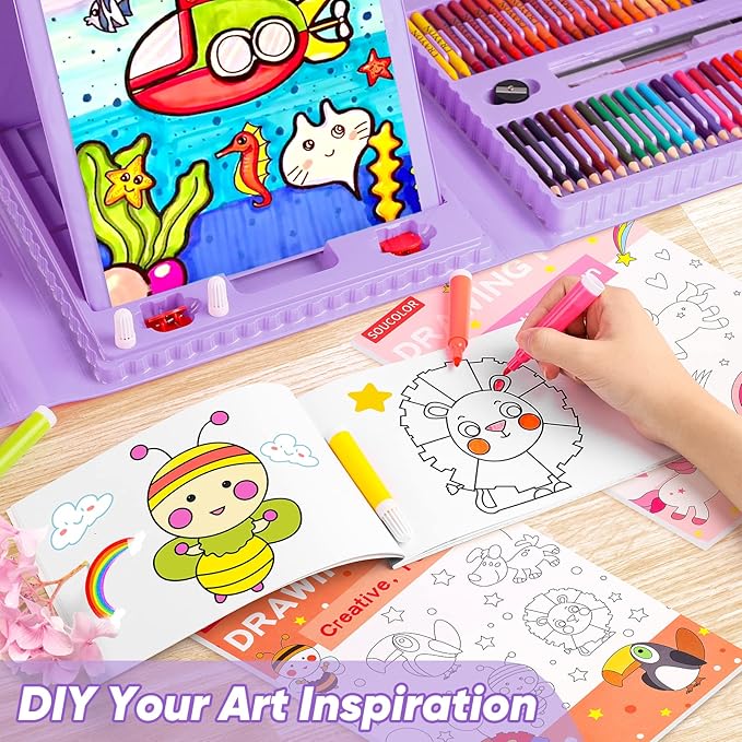 Soucolor Art Supplies, 283 Pieces Drawing Set Art Kits with Trifold Art Easel, 2 Drawing Pads, 1 Coloring Book, Crayons, Pastels, Arts and Crafts Gifts Case (Purple)