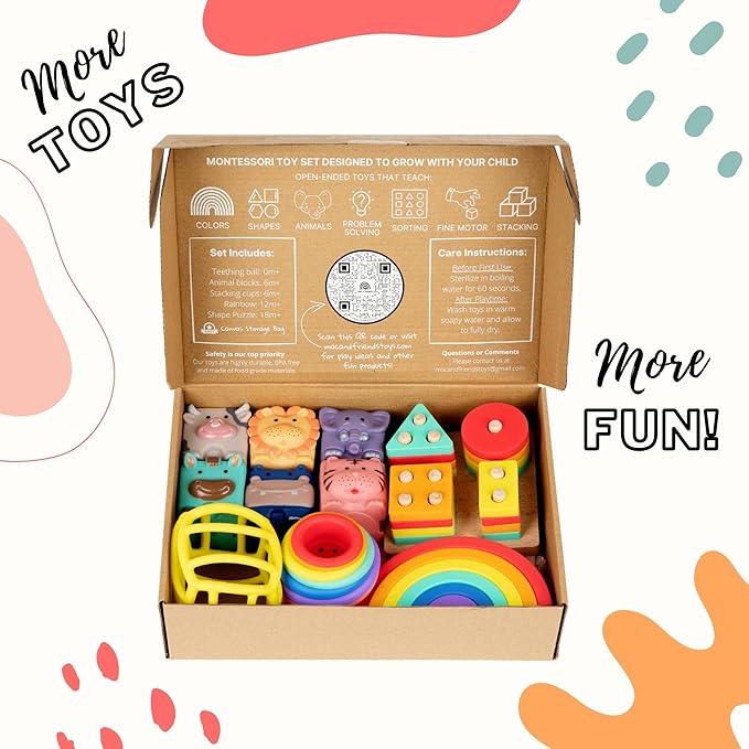 Mac & Friends 5-in-1 Montessori Toy Set Designed by Parents | Great Gift for Baby Shower, New Sibling or Birthday Party | Educational Soft Sensory Toys for 0 Months to 3+ Years