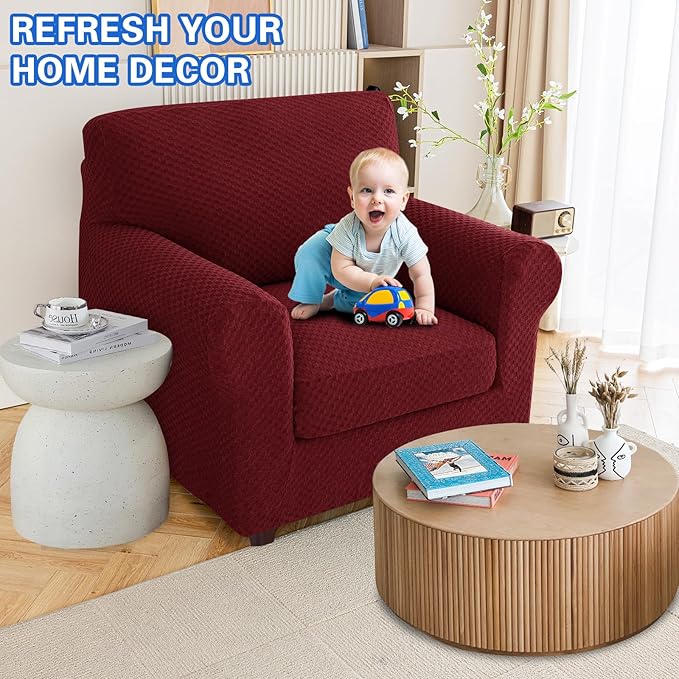 MAXIJIN 2 Piece Jacquard Chair Covers with Arms Super Stretch Non Slip Chair Slipcover for Living Room Dogs Pet Friendly Elastic Sofa Couch Protector Armchair Cover (Chair, Wine Red)