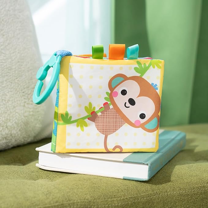 Bright Starts Safari Buddies Soft Book, Crinkle Plush Pages with Lion, Monkey, Elephant & More, Baby's First Book, Unisex, Ages 0+