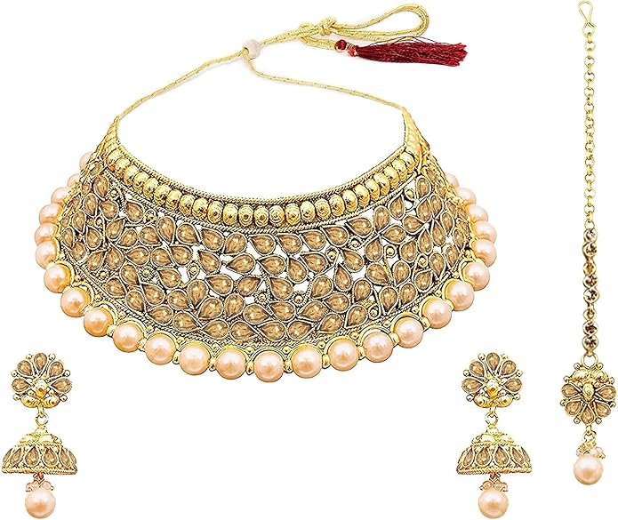 Aheli Wedding Designer Choker Necklace with Jhumki Earrings Maang Tikka Set Ethnic Bollywood Traditional Fashion Stylish Jewelry for Indian Women & Girls