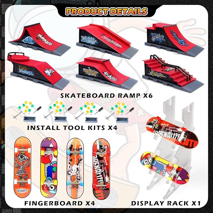 Fingerboard Skatepark Skate Park Kit, 6-in-1 Finger Skateboard Ramp Set Ultimate Parks Training Props with 6 Finger Skateboard 6 Finger Deck & Display Holder Finger Skate Toys for Kids Gifts