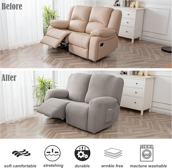 Genina Recliner Loveseat Cover Stretch Couch Covers Sofa slipcover for 2 Seat Reclining Couch Thick Jacquard Furniture Protector (Light Grey)