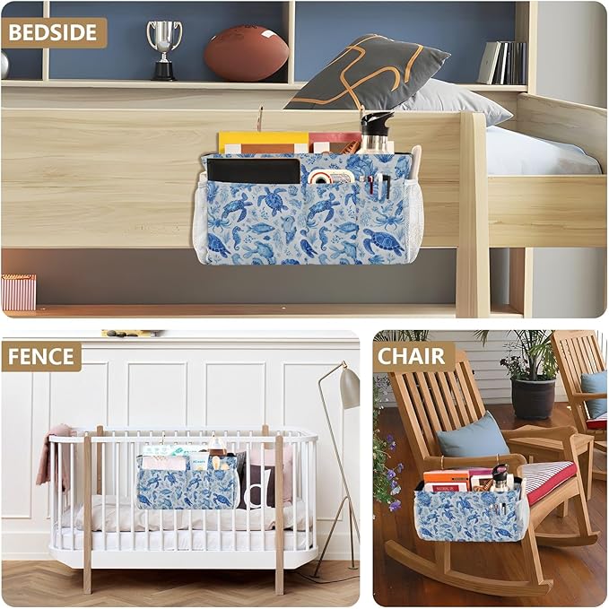 Ink Blue Turtles Fish Crabs Bedside Caddy for Dorm Bed Bedside Hanging Caddy Bag Iron Frame Storage Organizer Pocket for Bunk Home College Hospital Beds 2 Hooks