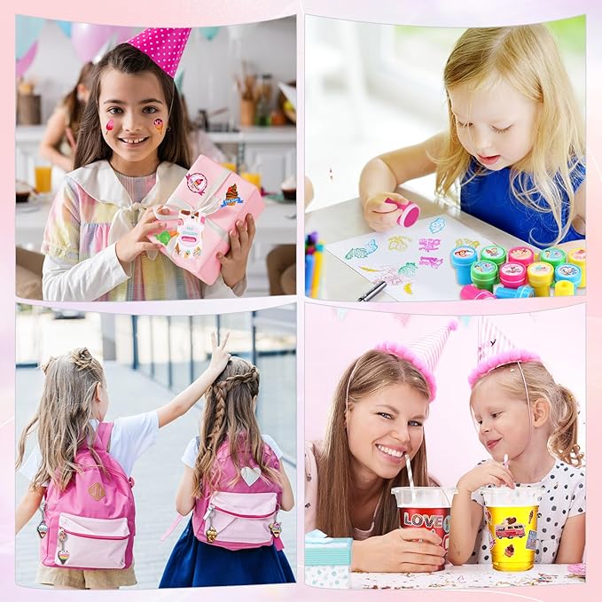 Colarr 161 Pcs Ice Cream Party Favors School Stationery Set Includes Gift Cup Notebook Pencil Sharpener Eraser Keychain Stamp Slap Bracelet Sticker Card Valentine's Day gift for Child Supplies