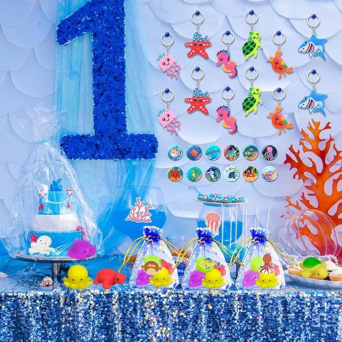 122 PCS Ocean Animal Party Favors Under the Sea Goodie Bags with Necklaces Stickers Slap Bracelets Button Pins and Bags for Sea Themed Birthday Party Supplies School Rewards (Ocean Animal)