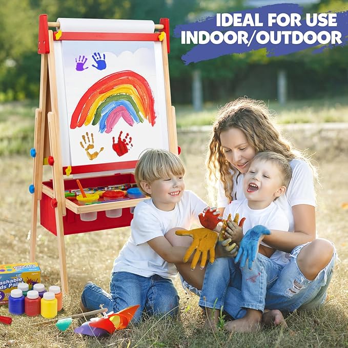 Art Easel for Kids Easel, Adjustable Wooden Kids Drawing Easel with Magnetic Whiteboard & Chalkboard, Kids Dry Erase Board,Easel for Kids Ages 3 4-8 9-12, Red w/Bag