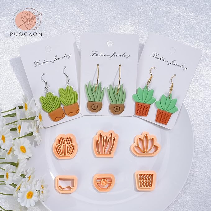 Puocaon Clay Earring Cutters - 12 Shapes Plant Pot Clay Cutters for Polymer Clay Jewelry Making, Watering Can Polymer Clay Cutters for Earrings Making, Boho Cactus Polymer Clay Cutters for Earrings