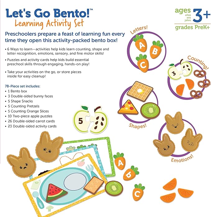 Learning Resources Let's Go Bento! Learning Activity Set, 78 Pieces, Ages 3+, Preschool Learning Activities, Toddler Toys, Learning & Education Toys, Feelings and emotios, fine Motor Skills