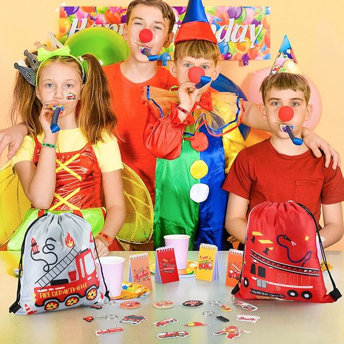 144 Pcs Firefighter Party Favors Fireman Themed Party Supplies Firemen Truck DIY Stickers Drawstring Bags Mini Notepads Silicone Wristbands Bracelets Keychain Button Pins Flexible Soft Pencil