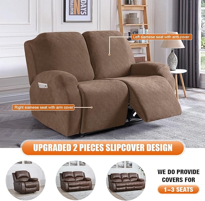 VANSOFY Oversized Recliner Cover, 2-Pieces Stretch Reclining Couch Cover with Pockets Loveseat Sofa Slipcovers Soft Washable Furniture Protector for Dogs Cats(Light Coffee)
