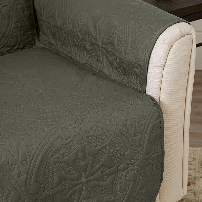 Great Bay Home Medallion Stitched Solid Furniture Protector Stain Resistant Durable Furniture Protector Elenor Collection (Loveseat, Sage Green/Light Gray)