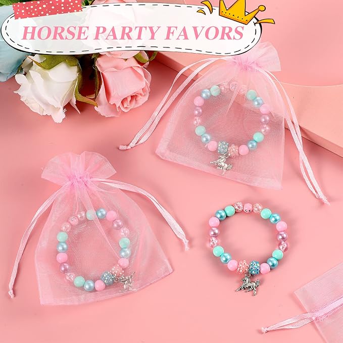 12 Pieces Horse Party Favors Bracelet for Girls Gifts 6 Inch Horse Beaded Bracelet with 12 Small Drawstring Gift Bags Pink Mesh Bags Kids Bracelet for Christmas Wedding Baby Shower Party Supplies