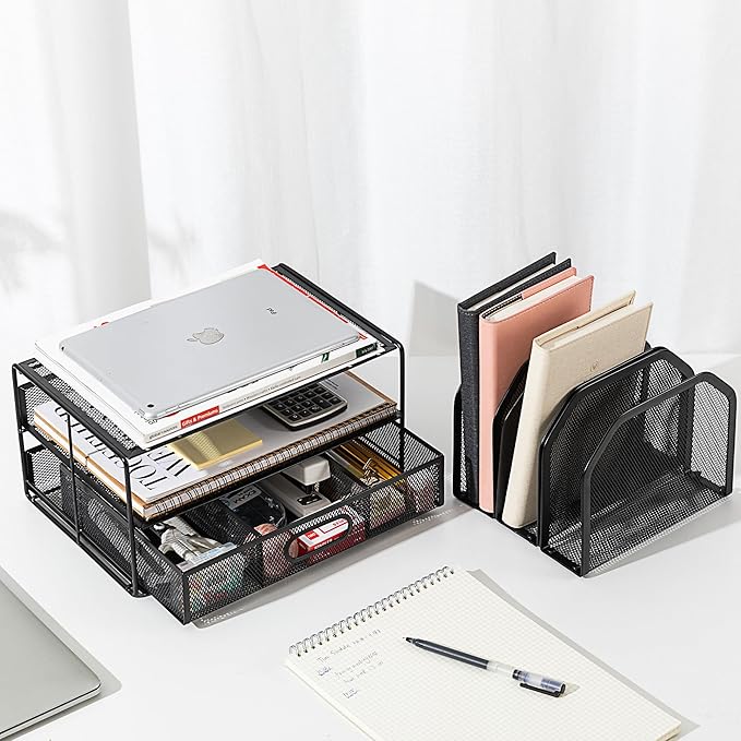 Amazon Basics Mesh Desk Organizer with Sliding Drawer, Double Tray and 5 Upright Sections, Black