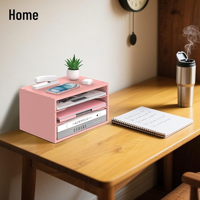 Wood Desk Organizer, 3 Tier Paper Tray Organizer for Desk with Adjustable Storage Shelves, Desktop File Organization Paper Sorter Mail Holder for Office Home Classroom, Pink