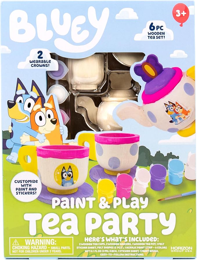 Bluey Paint & Play Tea Party, 6-Piece Wooden Tea Set, Customize with Paint & Bluey Stickers, 2 Wearable Crowns, Fun Toys for Kids, Cute Birthday Party Decorations, Pretend Play Tea Party, Bluey Toys