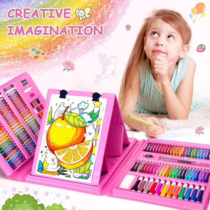 Art Supplies 297 Piece Drawing Art Kit Christmas Gifts for Girls Boys Kids Teens Gifts Coloring Art Set Case with Trifold Easel, Stickers, Coloring Book, Apron, Scissors, Origami Paper 40 Sheets