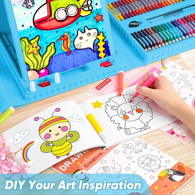 Soucolor Arts and Crafts, 283 Pieces Drawing Set Art Kits with Trifold Easel, 2 Drawing Pads, 1 Activity Coloring Book, Crayons, Oil Pastels, Watercolor Cakes, Colored Pencils, Watercolor Pens
