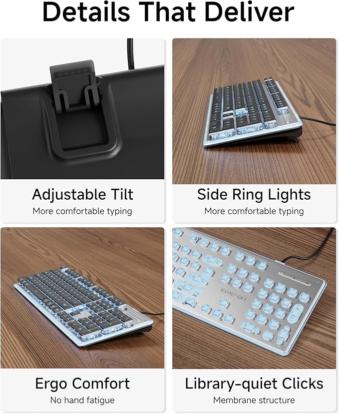 EWEADN GX710S Backlit Computer Keyboards, Wired USB Keyboard with Blue Backlit, Metal Panel, Plug and Play, Pudding Keycaps Full Size Quite Computer Keyboard for Win/PC/Laptop-Black