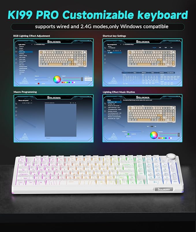 SOLAKAKA KI99 Pro 96% Wireless Mechanical Keyboard, RGB Gaming Keyboard, Hot-Swappable Pre-Lubed Switches, Gasket Structure Creamy Keyboards (Contour-Style White, Non-Silent Version)