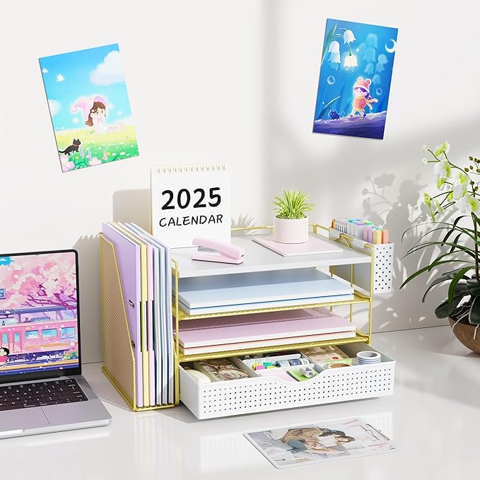 gianotter Wood Desk Organizers and Accessories with File Holder, 4-Tier Desk Accessories & Workspace Organizers with Drawer and Pen Holder, Paper Organizer for Office Supplies (Gold)