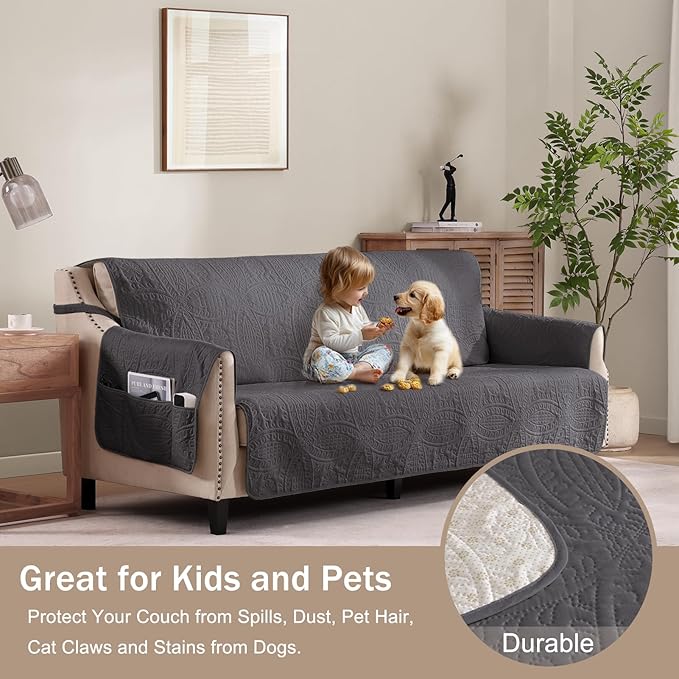 Water Repellent Gray Loveseat Cover for 2 Cushion Couch, Machine Washable Love Seat Quilted Couch Covers, Pet Friendly Slipcovers (Loveseat 48", Gray)