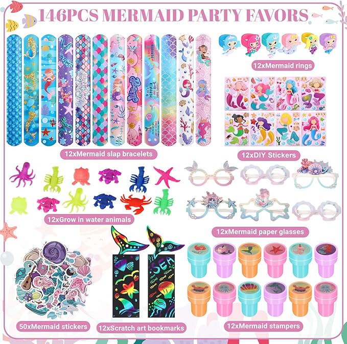 Capoda 134 Pcs Mermaid Party Favors Bulk for Girls Paper Glasses Slap Bracelets Stickers Rings Grow in Water Sea Animals Bookmarks Mermaid Goodie Bag Fillers for Mermaid Birthday Gifts Party Supplies
