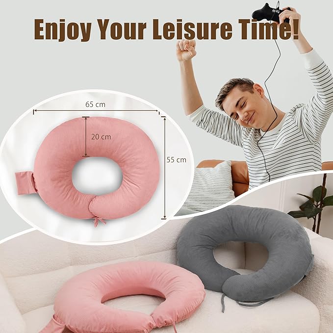 XWZO Reading Pillow for Gaming, Crocheting or Playing with Strong Arm Support, Gaming Pillow for Arm Rest When Sitting in Bed & Sofa, Lap Pillow Swen with Tiebacks and Side Pocket, Pink