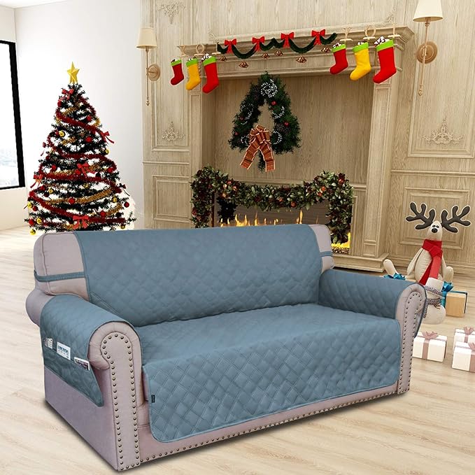 Easy-Going Sofa Slipcover Loveseat Cover Waterproof Couch Cover Washable Sofa Cover for 2 Cushion Couch Non-Slip Fabric Furniture Protector with Pocket for Pets Kids Dog Cat (Loveseat, Light Blue)